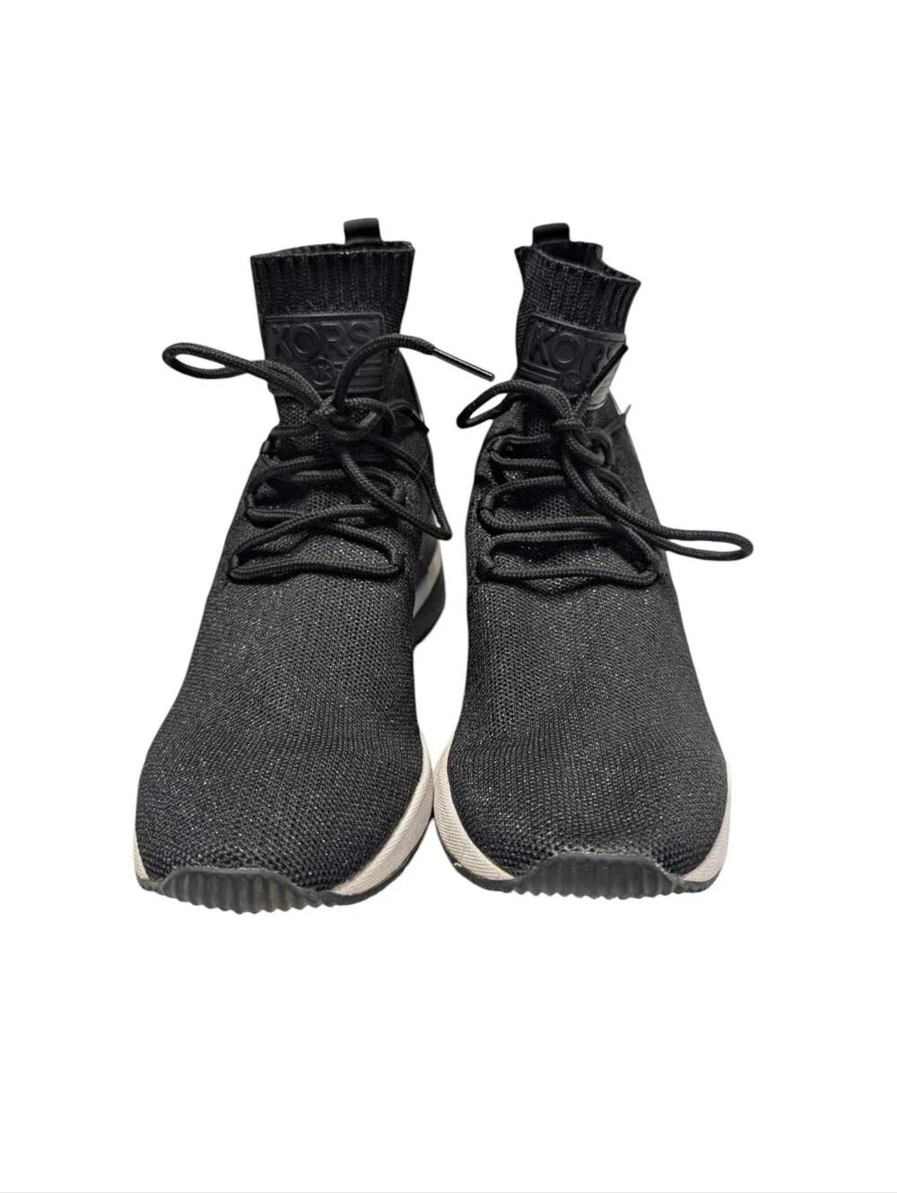 Michael Kors Women's Skyler Black Knit High Top Sock Sneakers Metallic Heel Sz 9